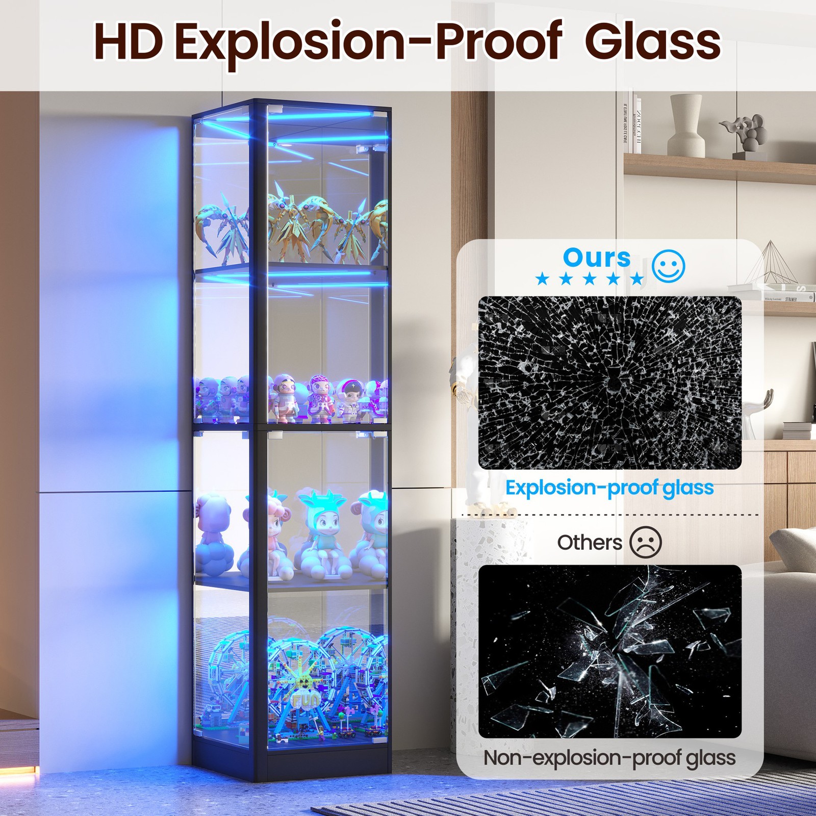 Gurexl Glass Curio Cabinet with RGB Lights, 4-Tier Display Case for Collectibles