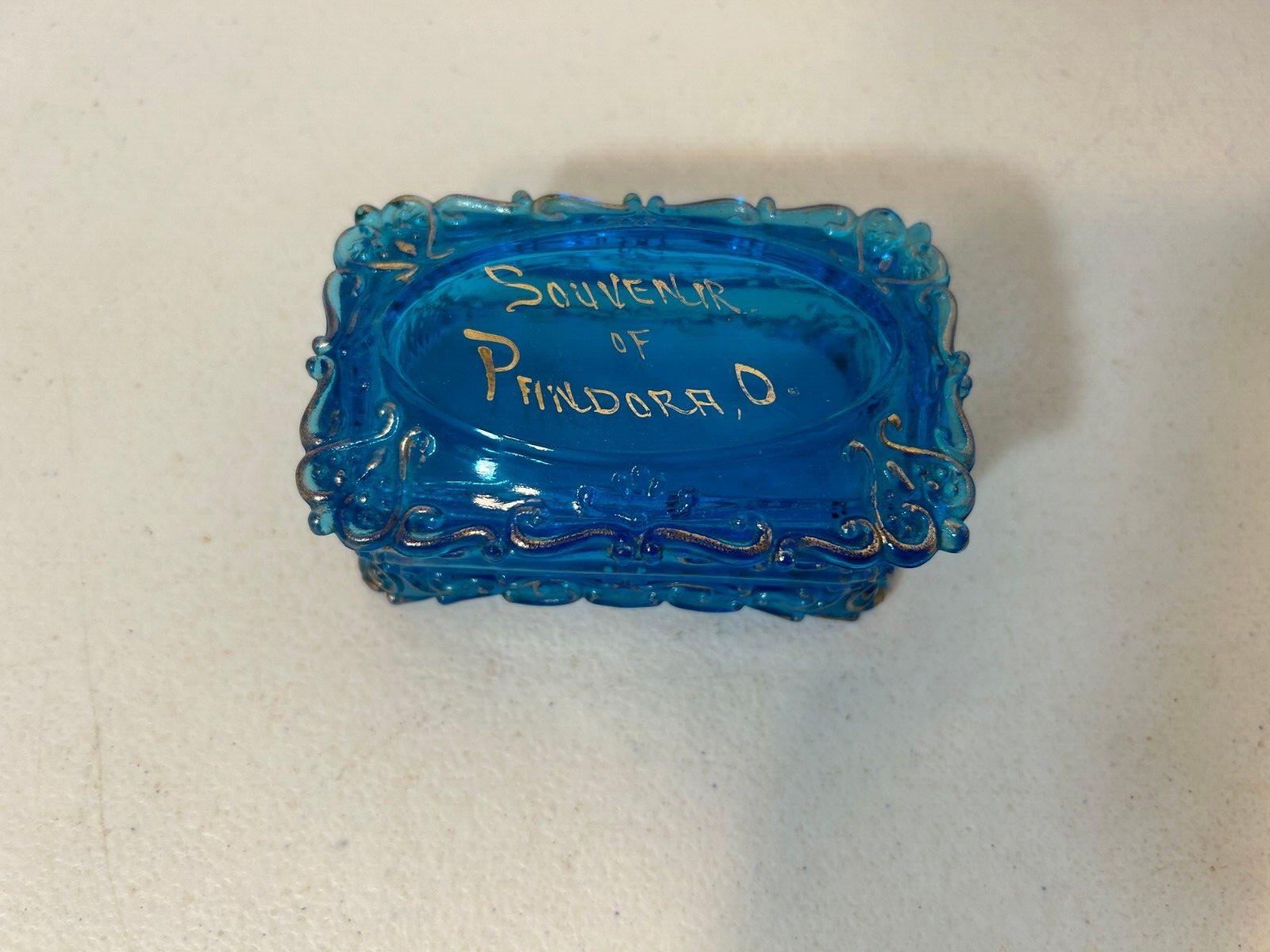 Vintage Blue Glass Trinket Box Souvenir Pandora Ohio