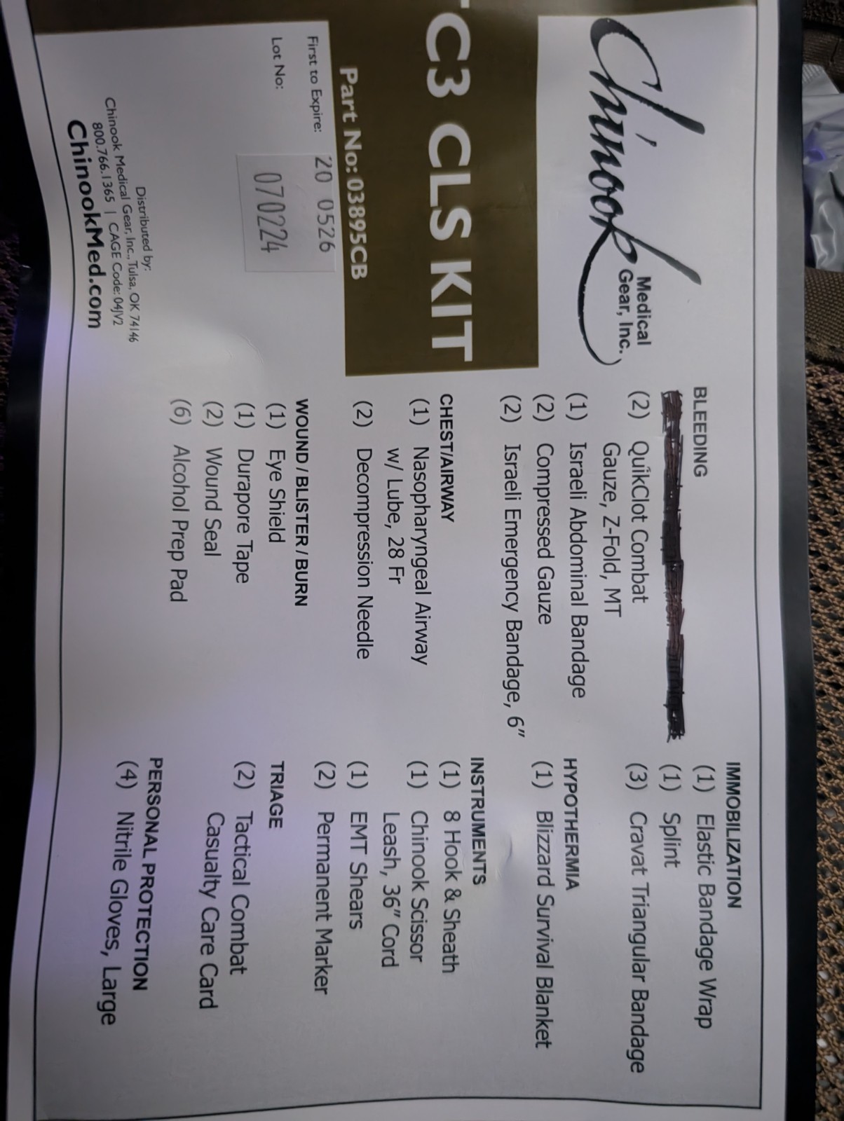 CHINOOK MEDICAL TC3 CLS KIT, brand New Fully Stocked With Hemostatic- COYOTE