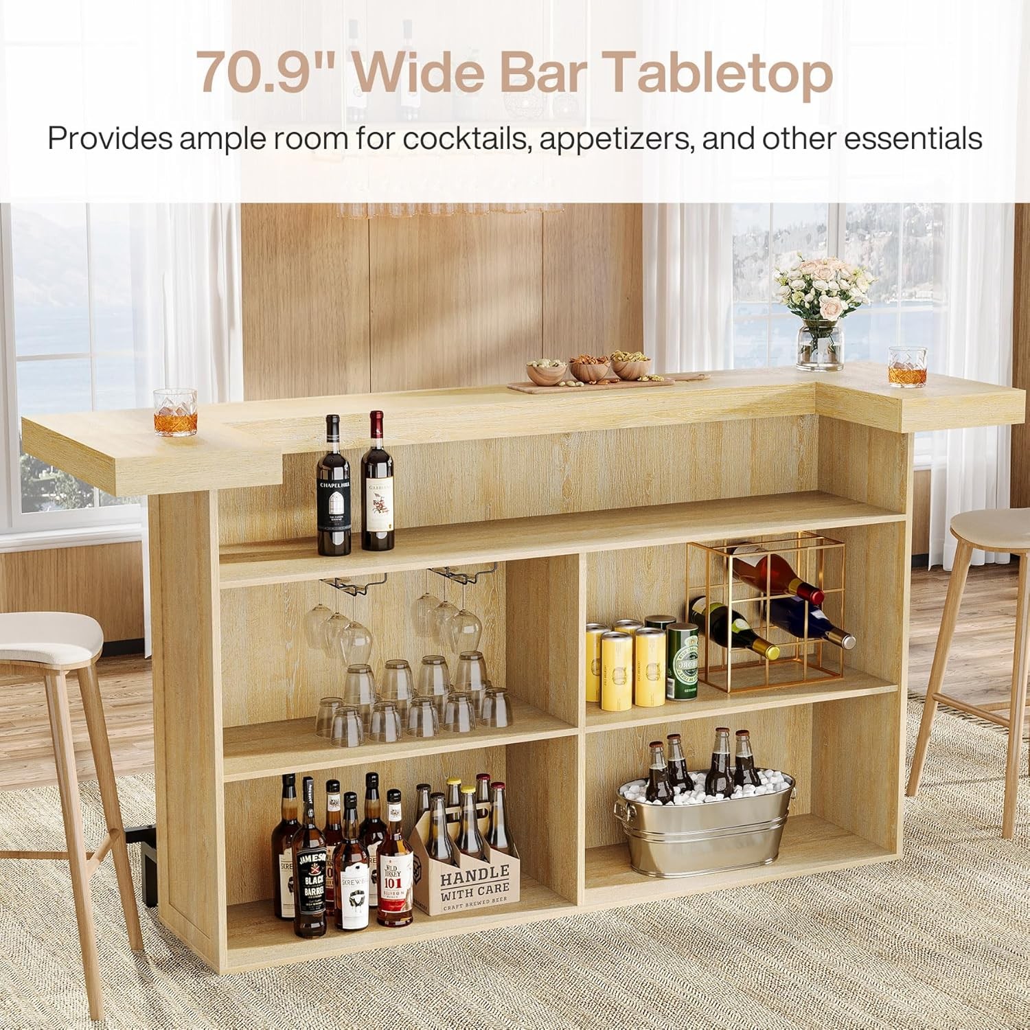 4-Tier Bar Table, 70.9-Inch Large Wooden Home Bar Unit for Home, Patio, Basement