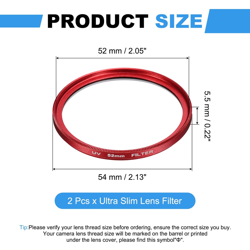 2Pcs 52mm Ultra Slim Lens Filter Multi Coating Camera Len Filter, Red