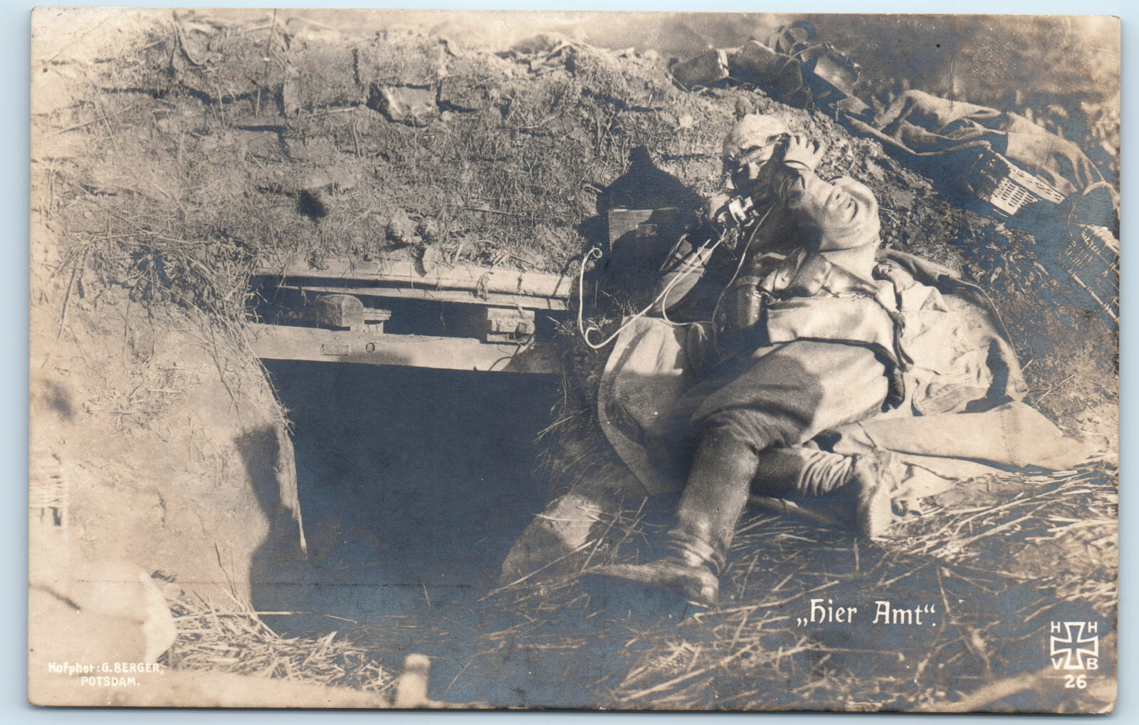WWI German Soldier Luger Pistol Field Telephone Trench Real Photo Postcard RPPC