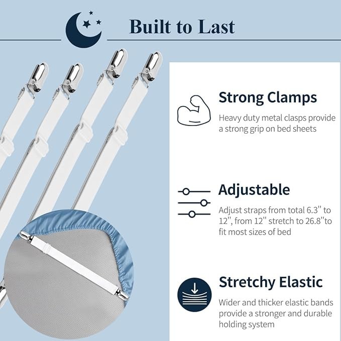 Bed Sheet Straps, Sopito Adjustable Elastic Fitted Sheet Corner Holders Straps
