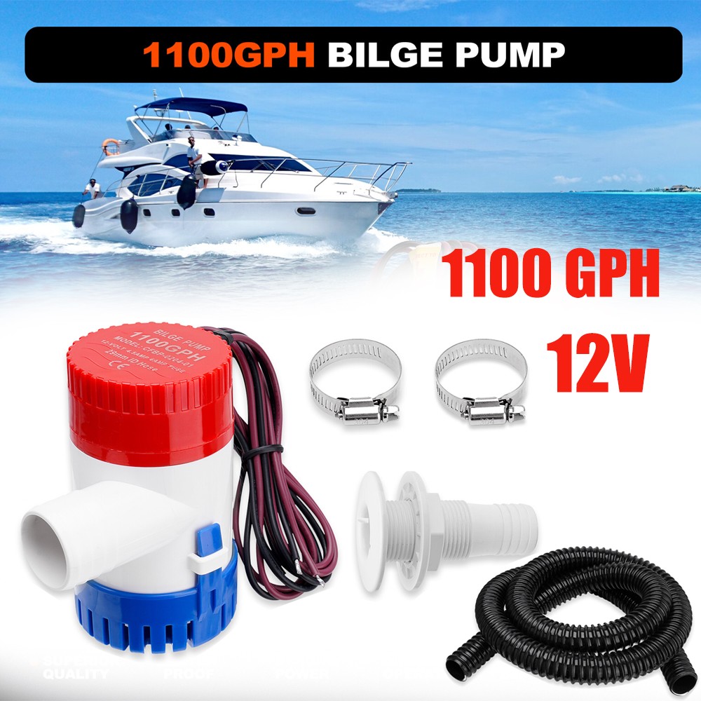 1100 GPH Boat Bilge Water Pump 12V 1-1/8 Inch Dia Bilge Pump Plumbing Kit W/Hose