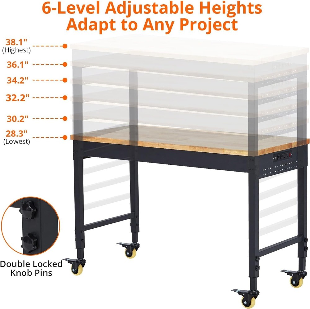 60" Adjustable Height Workbench 2000 LBS Workstation With 9.8FT Cable & Casters