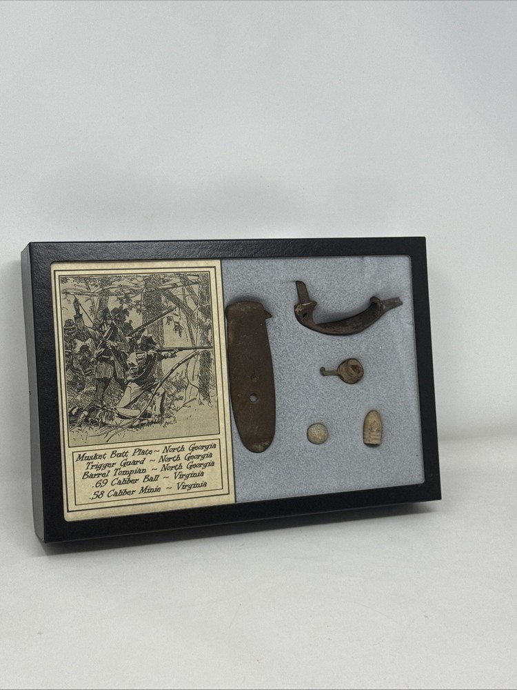 Civil War Artifacts, Butt Plate, Guard, Tompian Mounted In Display Case