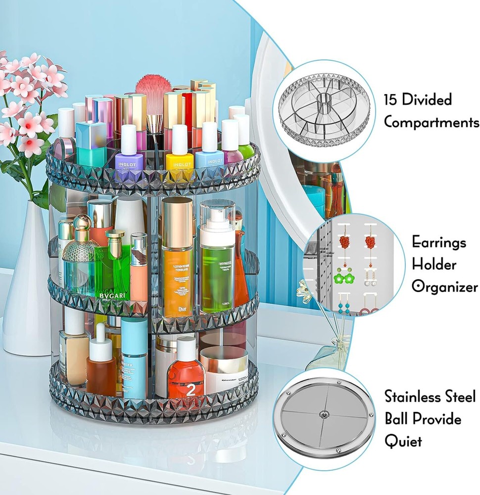 360 Rotating Makeup Organizer, DIY Adjustable Cosmetics Gray