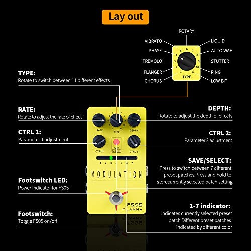 FS05 Multi Modulation Pedal Stereo Effects 7 Storable Slots Modulaiton Yellow