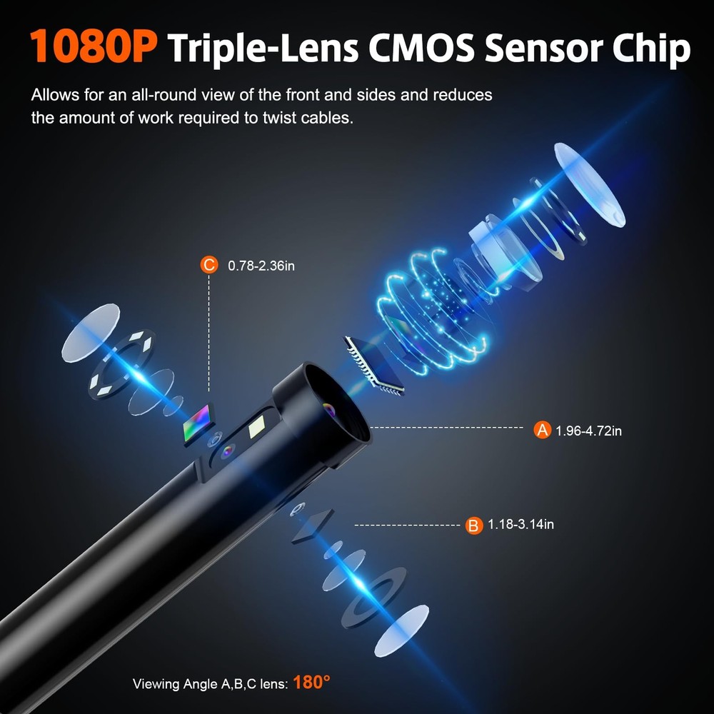 Triple Lens Inspection Drain Camera, 5" IPS Split Screen Borescope with Light...