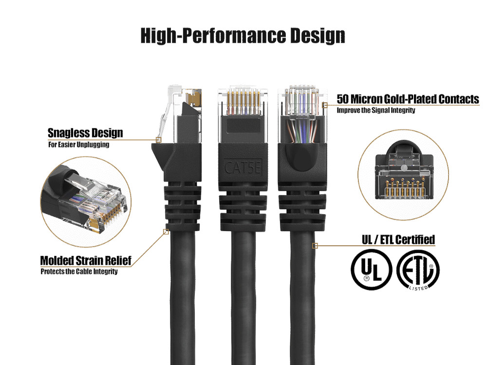 3ft Cat5e UTP Ethernet Network Patch Cable Snagless 24AWG Bare Copper, Black