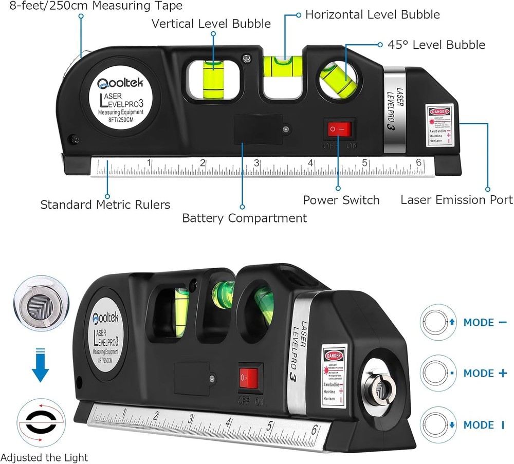 Laser Level Multi Tool, Multipurpose Cross Line leveler Kit Tools Black