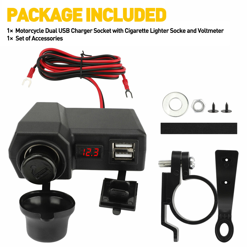 Motorcycle Handlebar Socket Waterproof Dual USB Phone Charger Cigarette Lighter