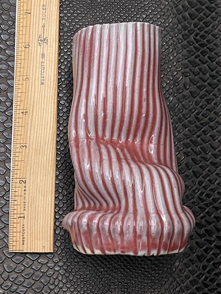 VTG Modernist Free Form Ruby Candy Stripe Glazed Ceramic Vase Signed 6" Tall