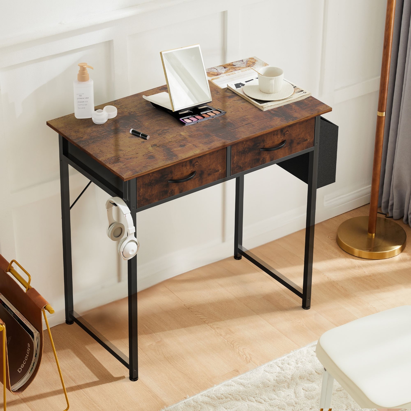 Office Computer Desk 32in Small Home Table with 2 Fabric Drawers & Side Bags