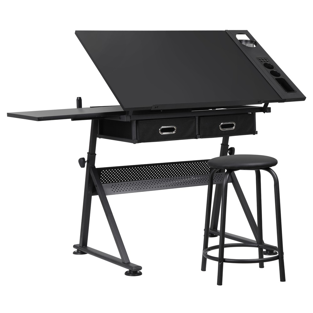 Adjustable Drafting Table Tilting Tabletop Art Craft Desk with 2 Drawers, Stool