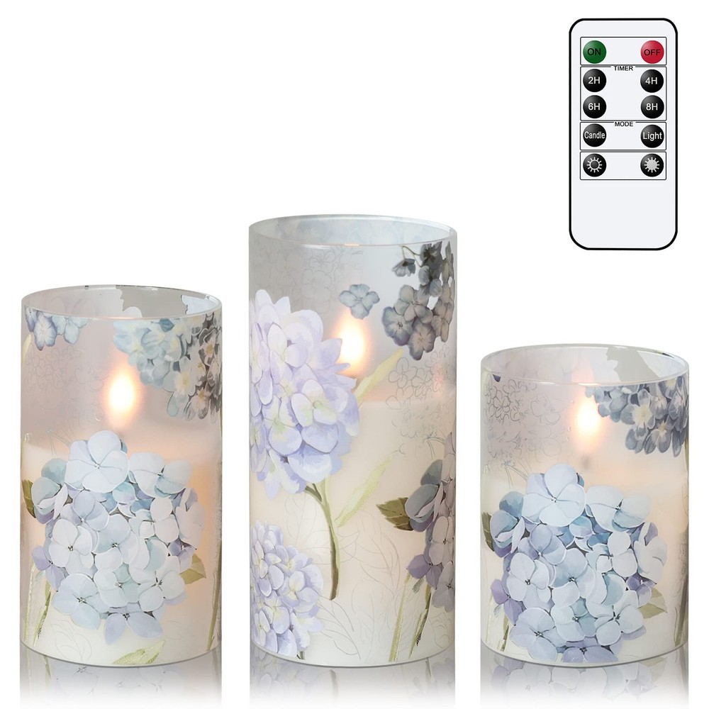 Hydrangeas Decals Glass Flameless Candles with Remote Timer, Battery Led Pill...