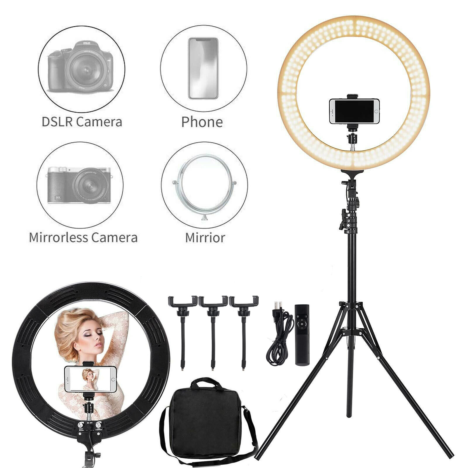 18" LED Ring Light Kit With Stand Dimmable 6000K For Makeup Phone Camera Youtube
