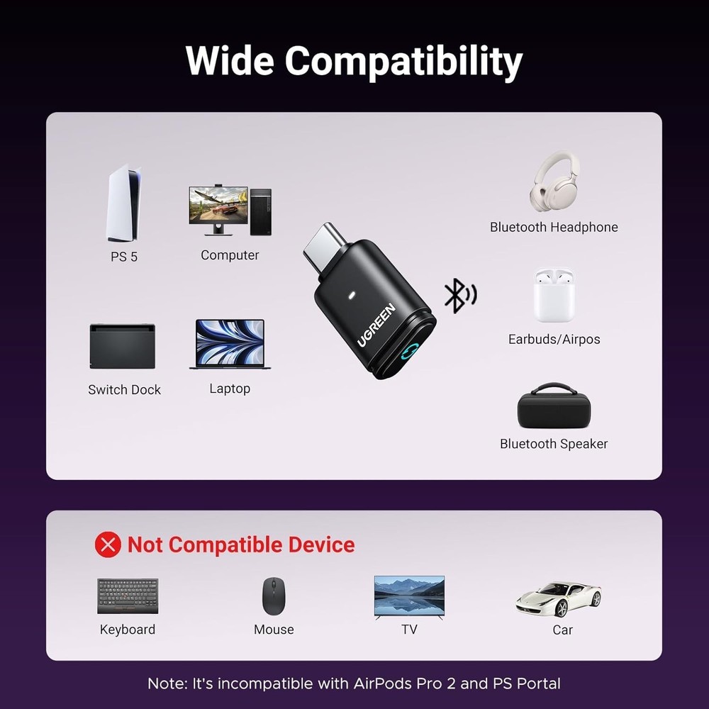 Green USB-C Bluetooth Adapter - Low Latency 5.3 Transmitter for PS5 and More