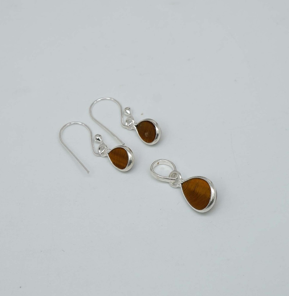 925 Solid Sterling Silver Tiger Eye Hook Earring Pendant Set