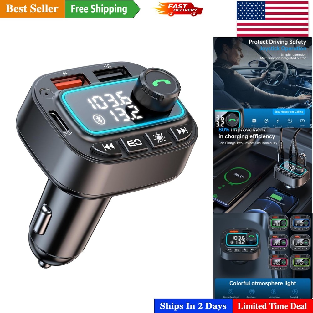 Multifunctional FM Transmitter with Deep Bass, Noise Cancellation & USB Charging