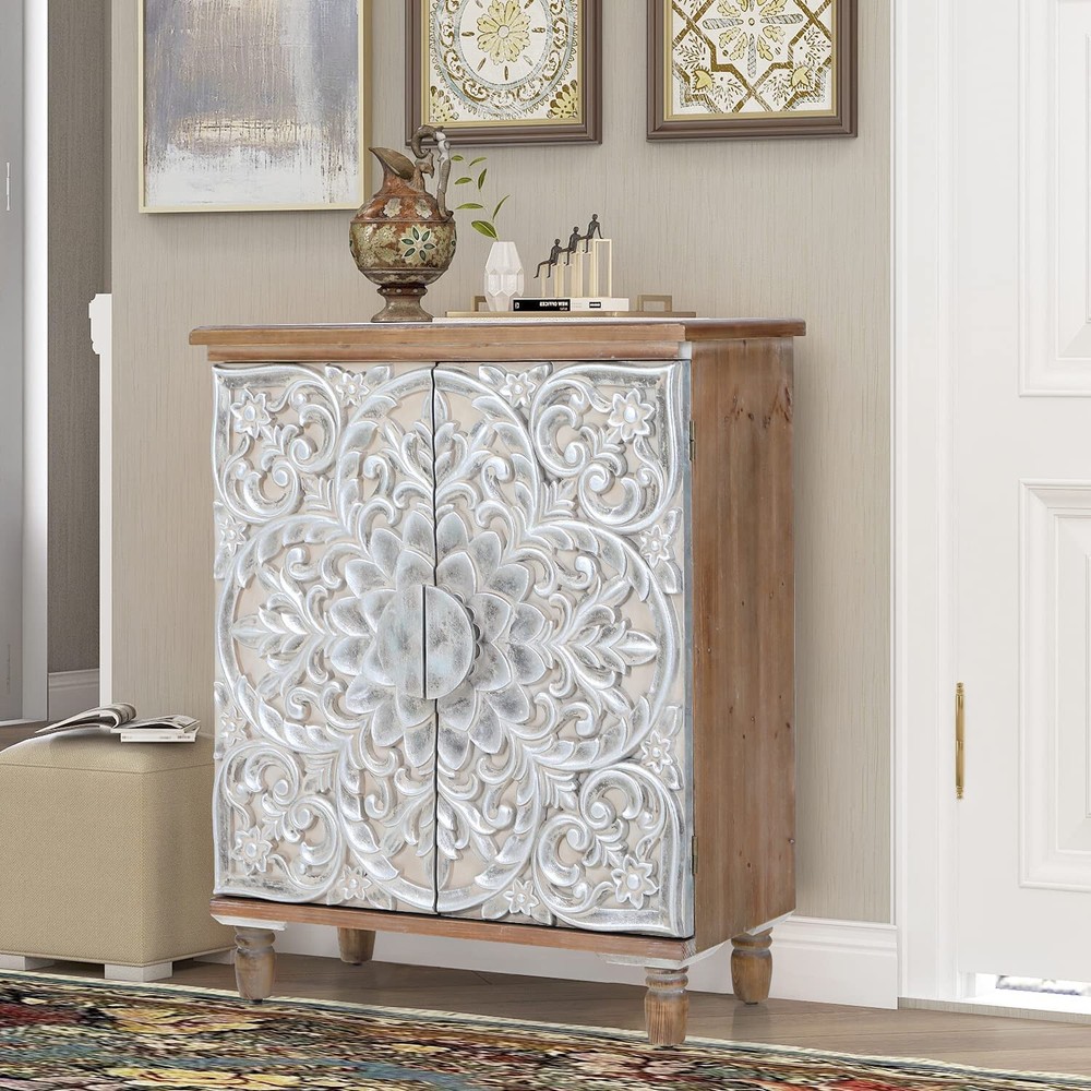 Accent Cabinet with 2 Doors Sideboard Buffet Storage Kitchen Distressed Cabinet