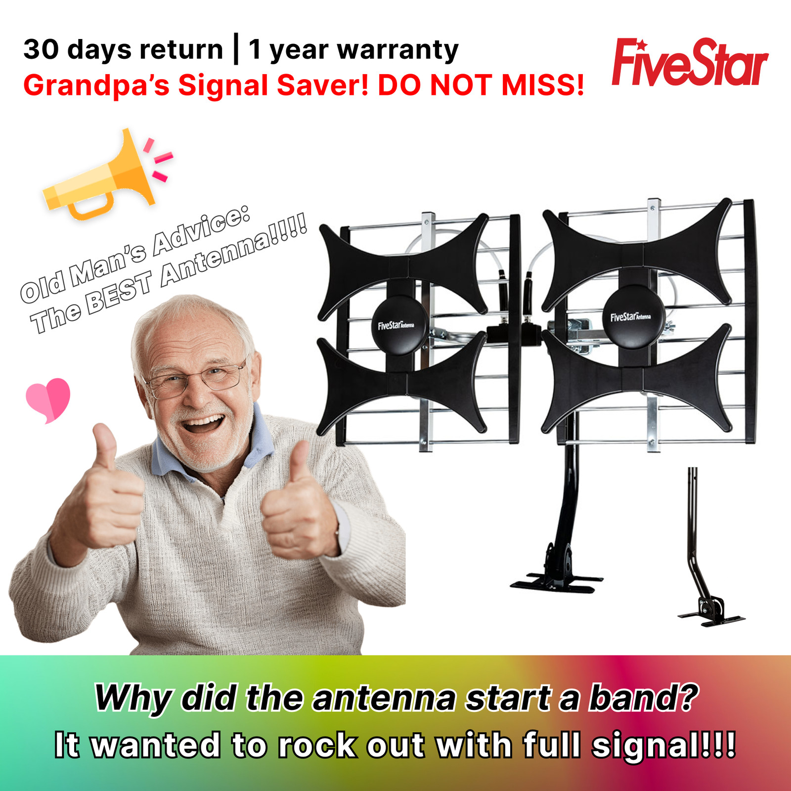 Amplified HDTV Antenna 200 Mile 4K 1080P UHF VHF Indoor Outdoor FM + Cable/Pole