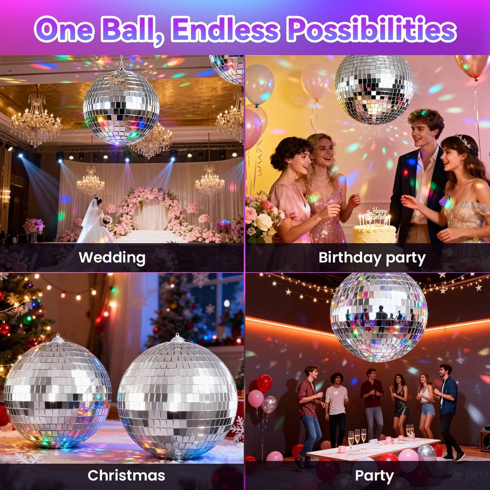 Disco Ball 4" Inch 2-Pack,Silver Hanging Ball with Attached String for Ring,R...