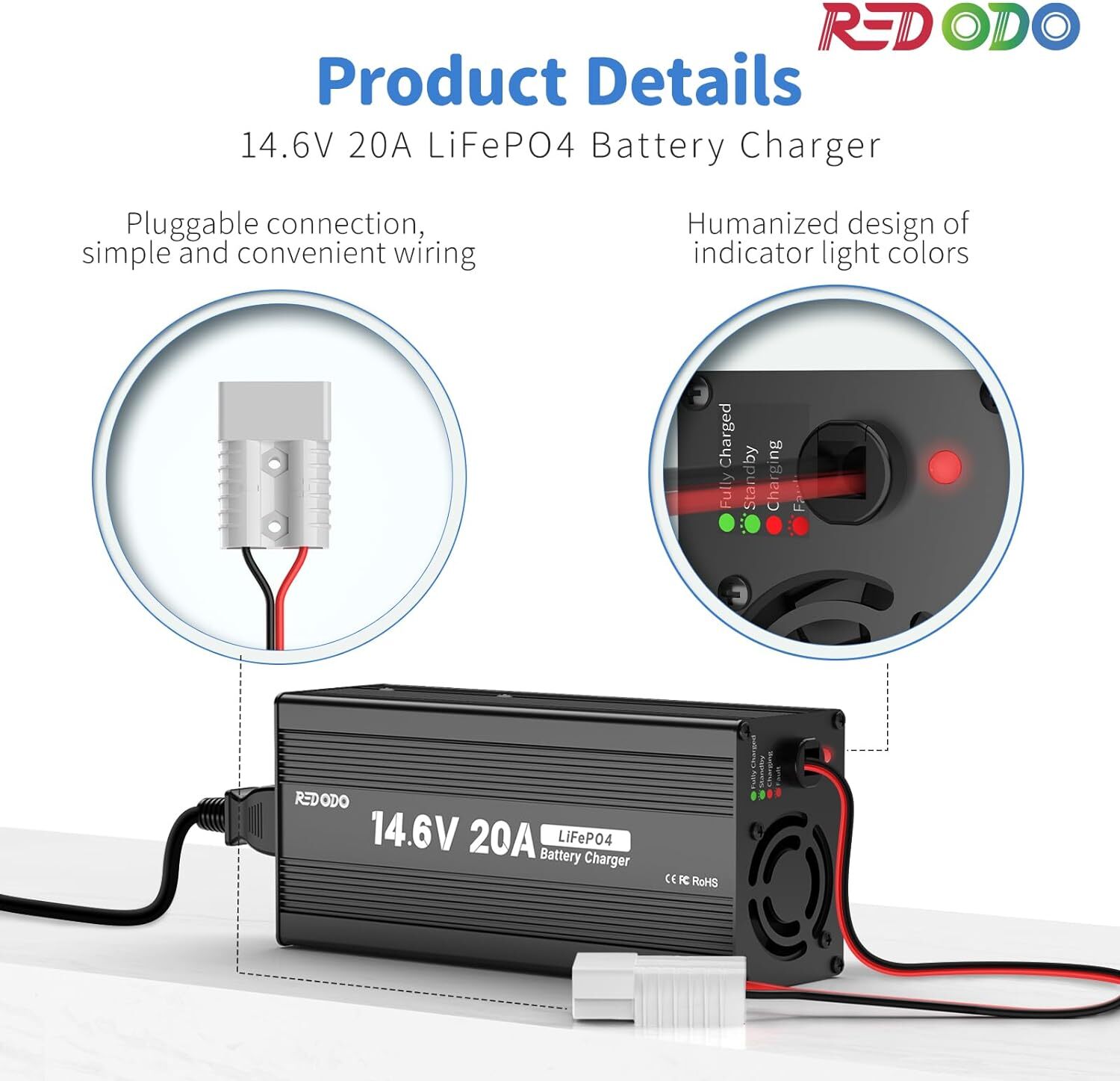 Redodo 14.6V 20A LiFePO4 Battery Charger Fast Charging for Lithium Battery Used
