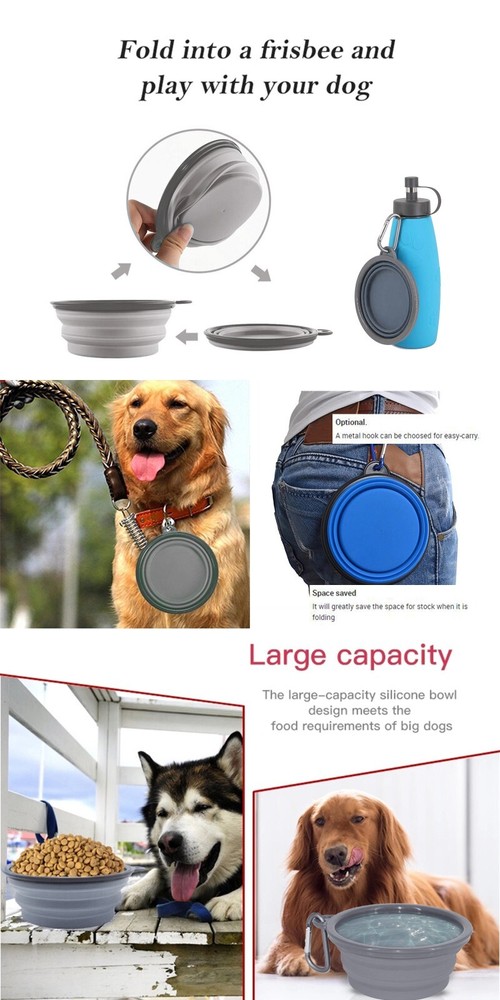 Silicone Basic Bowl with Plastic Rim and D-Ring,Foldable Travel pet Feeder 34oz