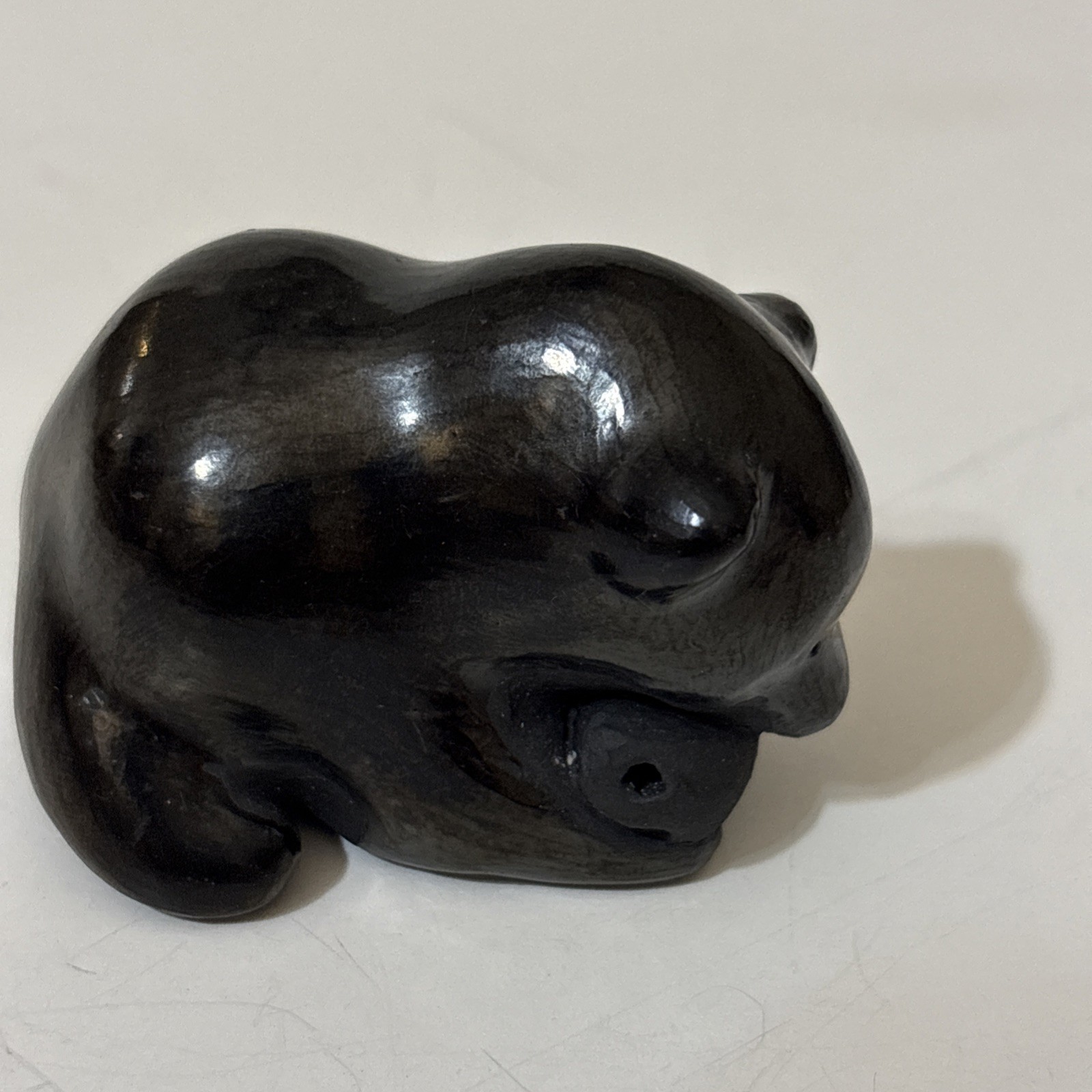 Santa Clara Pueblo Bear with Fish Black Pottery By Dorothy & Paul Gutierrez Art
