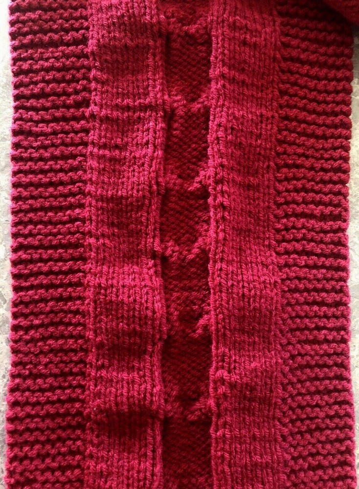 Hand Knitted Red Scarf Shawl Cable Pattern Wool Blend