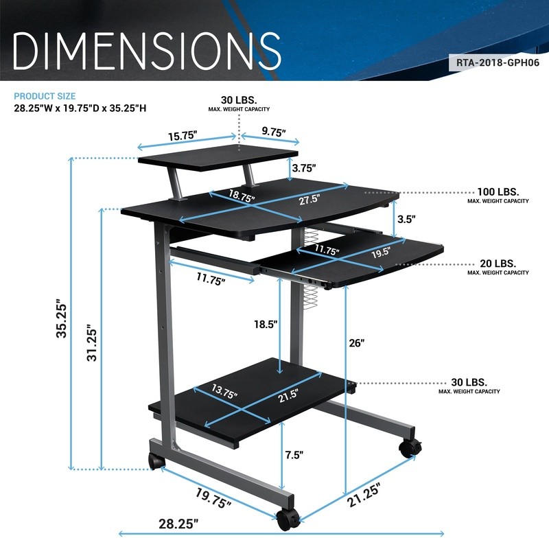 Compact Computer Cart Rolling Workstation Adjustable Shelf Keyboard Tray Storage