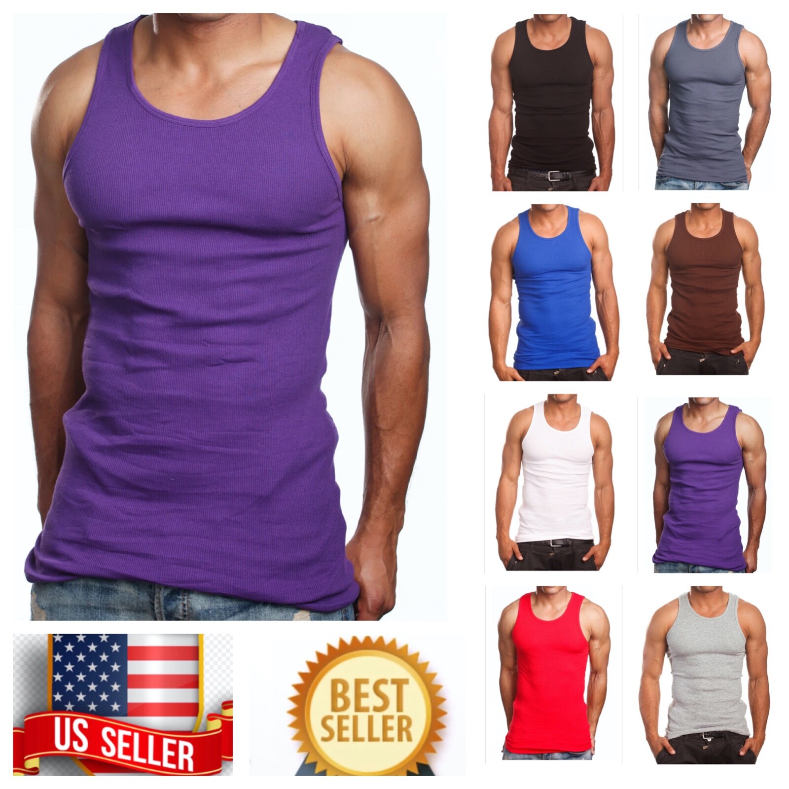 Men S-5XL 100% Cotton Tank Top T-Shirt A-Shirt Muscle Ribbed Wife Beater Tee Gym