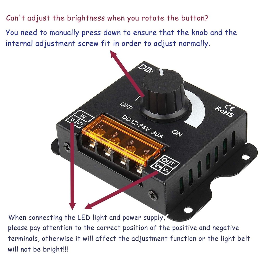 Compact LED Strip Dimmer - 12V-24V Controller with Adjustable Brightness Knob