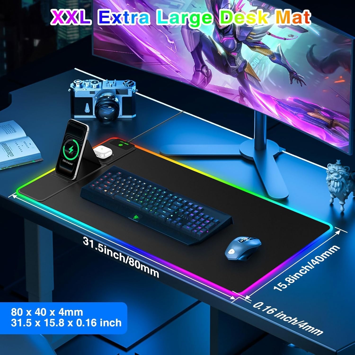 New - ABCMat XXL RGB LED Gaming Mouse Pad with Magnetic Wireless Charger