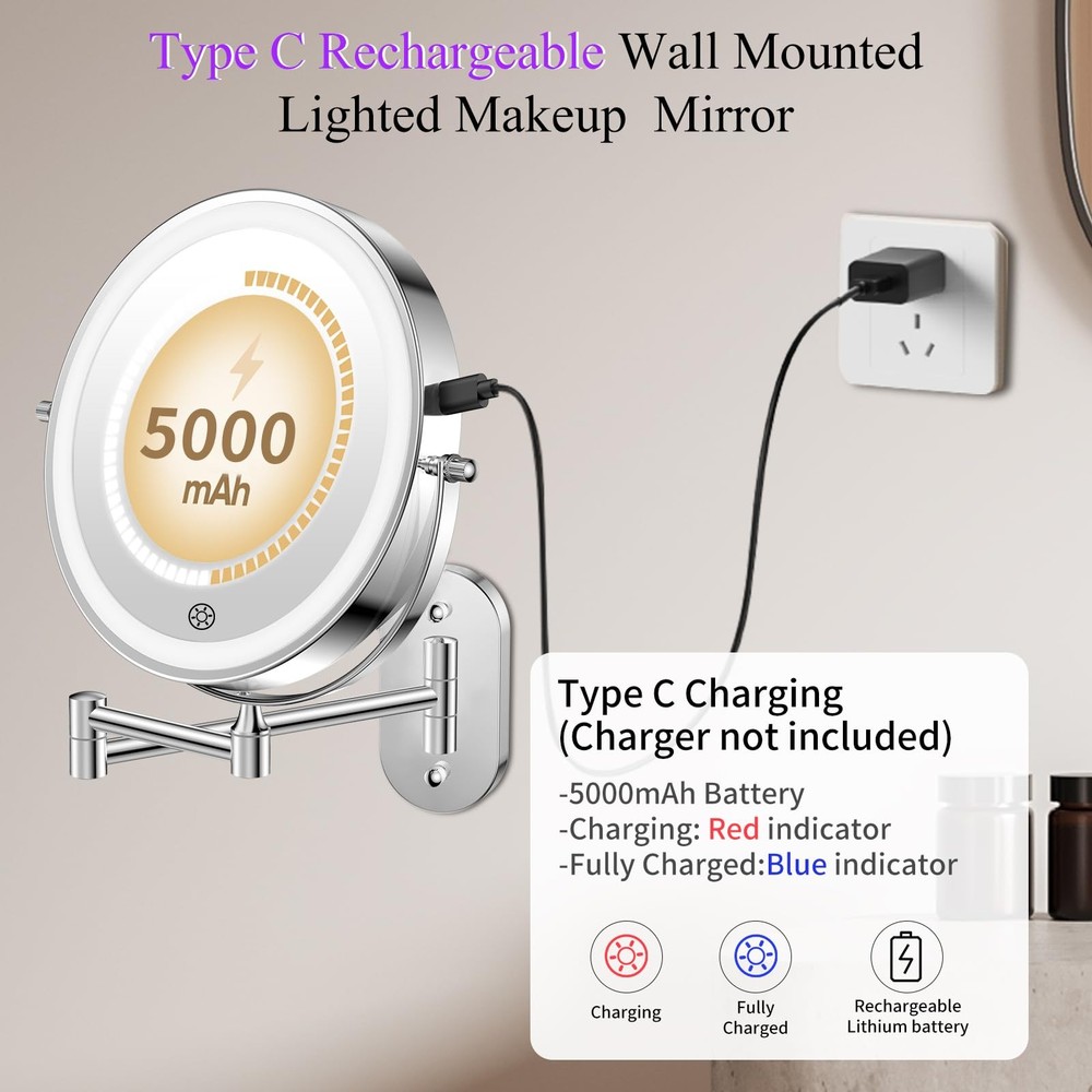 5000mAh Rechargeable Wall Mounted Lighted Makeup Vanity Mirrors, Double Sided...