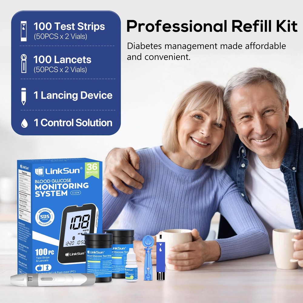 G427B Bluetooth Blood Sugar Testing Kit, 100 Test Strips, 100 Lancets, High A...