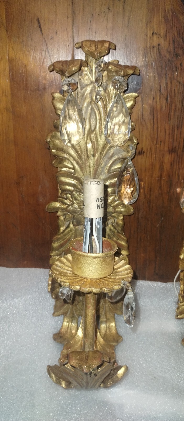 Hollywood Regency Gold Gilt Wall Sconces w/ Crystals – Ornate Electric Pair