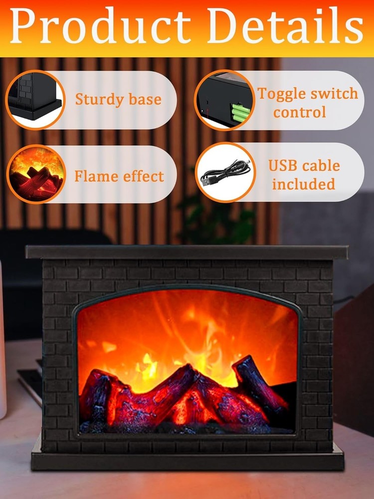 Electric Fireplace Lantern W/ Realistic LED Flame Effect USB Battery Powered