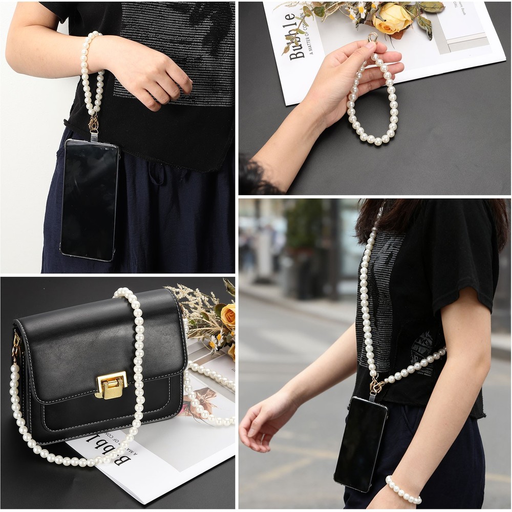 2Pcs Phone Wrist Strap 12" Cellphone Pearl Chain with Tether Tabs & Silver Clasp