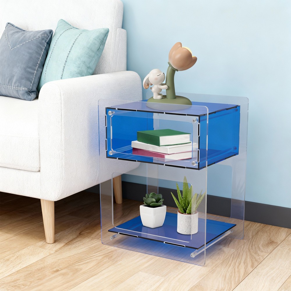 Blue Acrylic Side Table, Acrylic Nightstand, Rectangle Storage Shelf