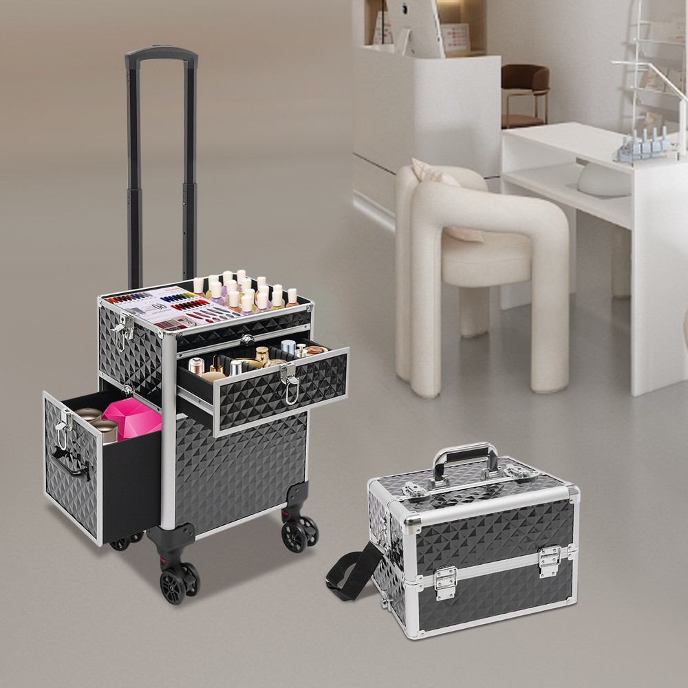 Professional Rolling Makeup Train Case, Multi-functional Cosmetic Trolley, Large