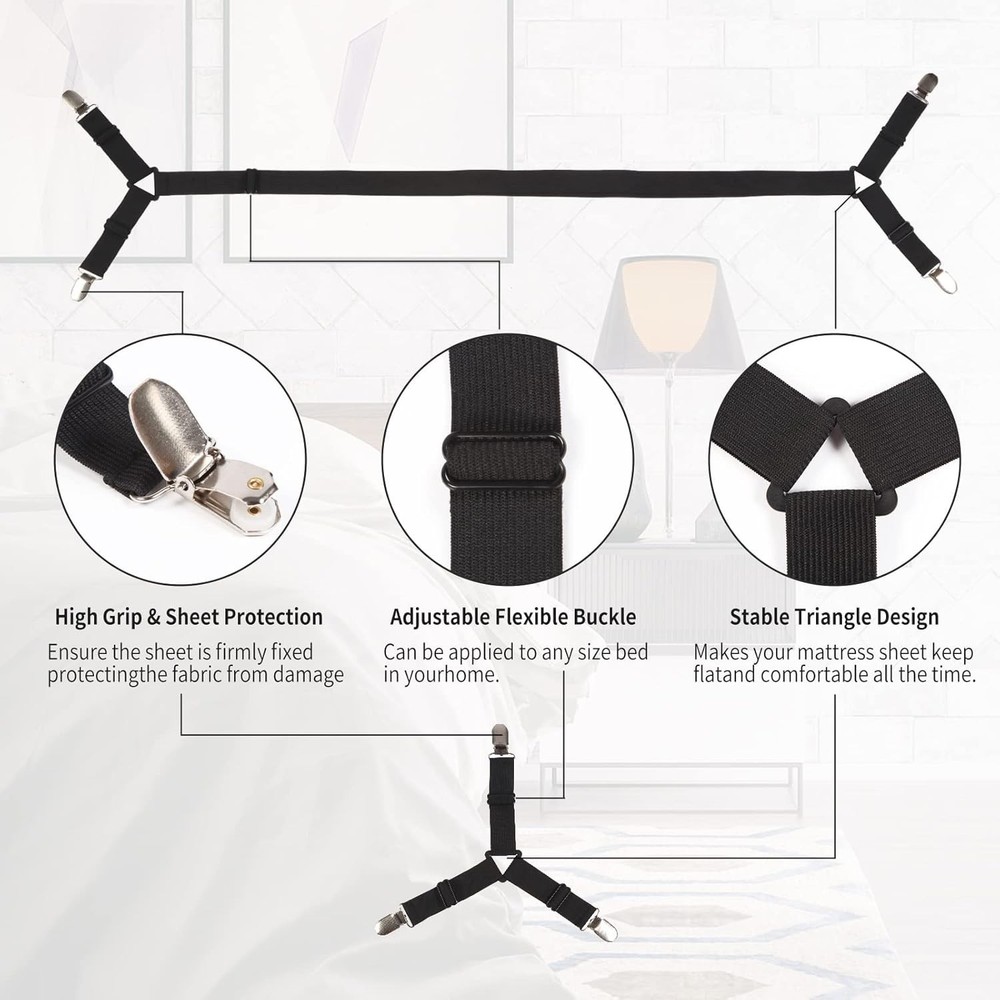 Bed Sheet Straps,4+1Pcs Fitted Sheet Clips Holder,Elastic Adjustable Sheet Strap