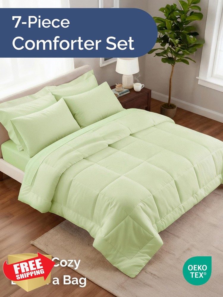 King Comforter Set 7 Pc Bed Set Light Sage Green Down Alt