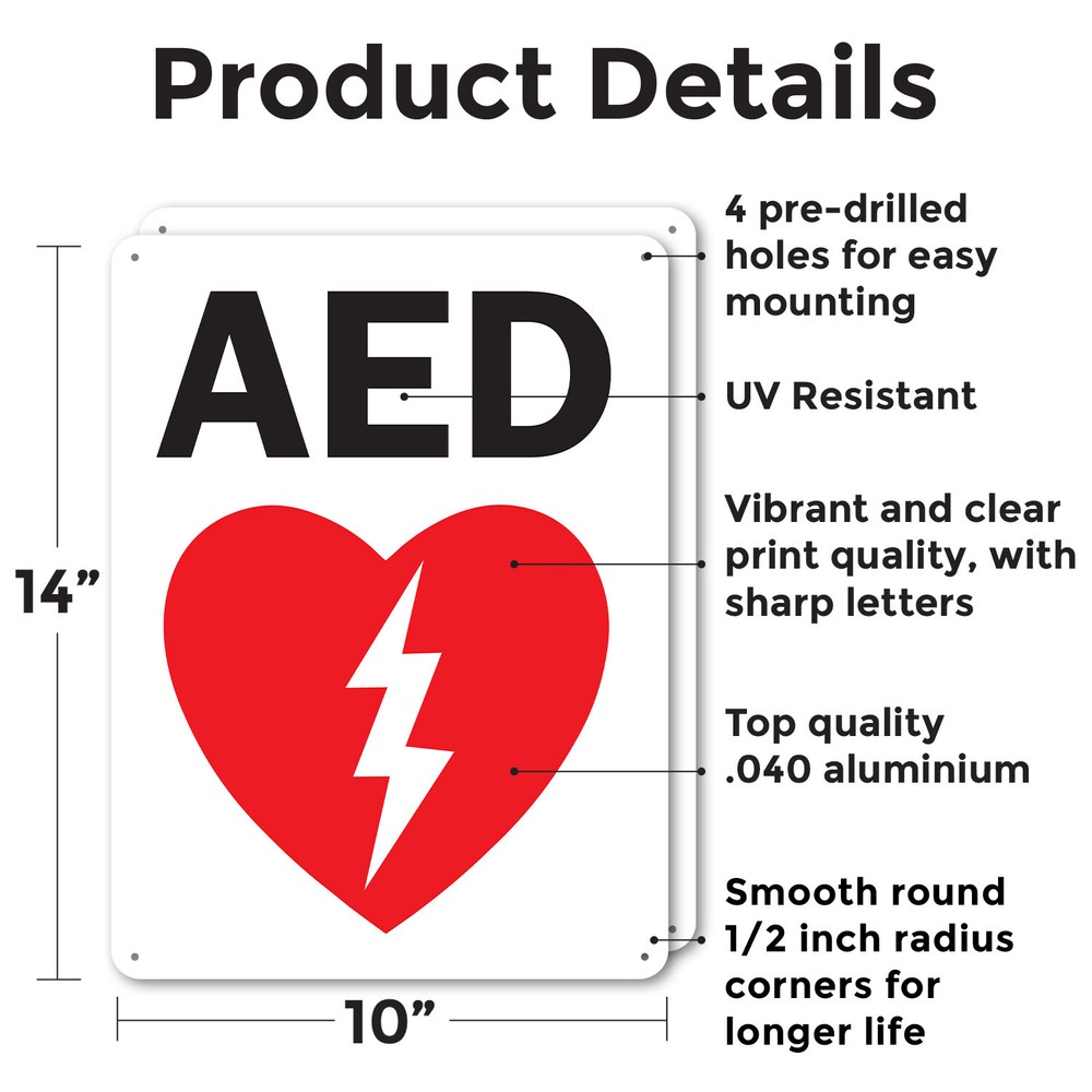 (2 Pack) AED Sign Decal Metal Plastic