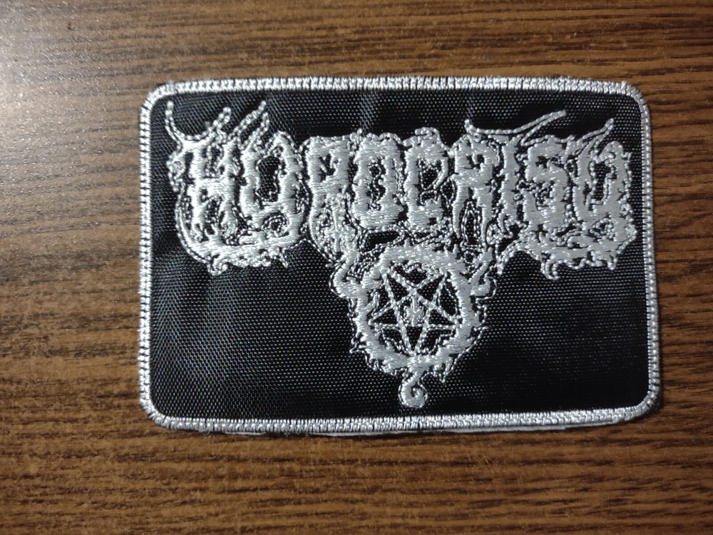 HYPOCRISY,SEW ON WHITE WITH WHITE BORDER EMBROIDERED PATCH