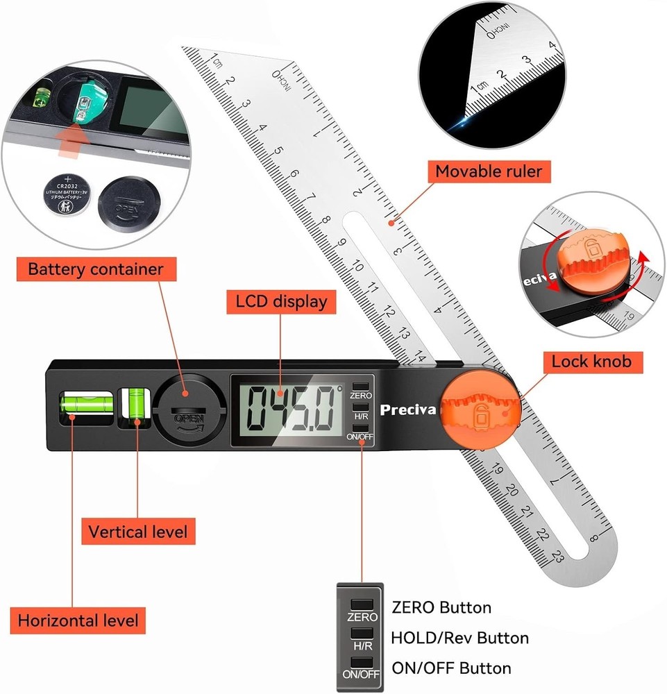 Versatile Digital Angle Finder with LCD & Bubbles, 8 Inch Precision Protractor