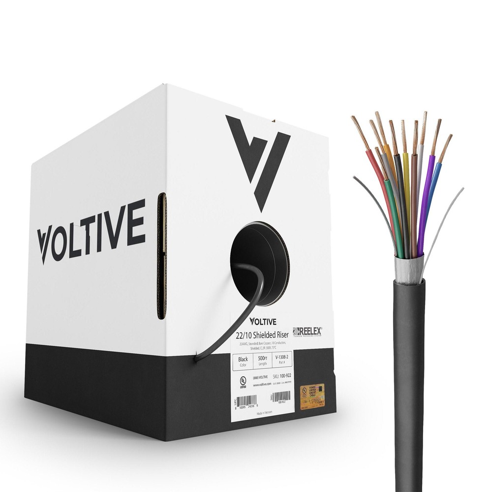 Voltive 22/10 Shielded Low Voltage Wire, Riser CL3R, Black, 500ft