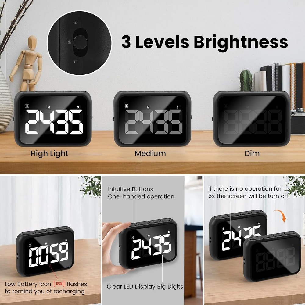 USB Rechargeable Loud Digital Kitchen Timer with Large LCD Display & Black