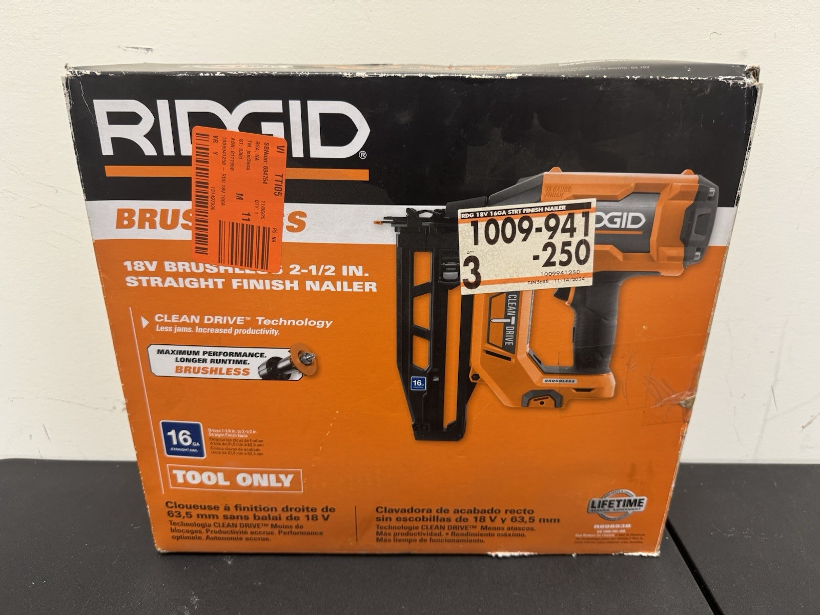 Ridgid R09893B 18V Brushless 2-1/2" Straight Finish Nailer (Tool Only) Brand New